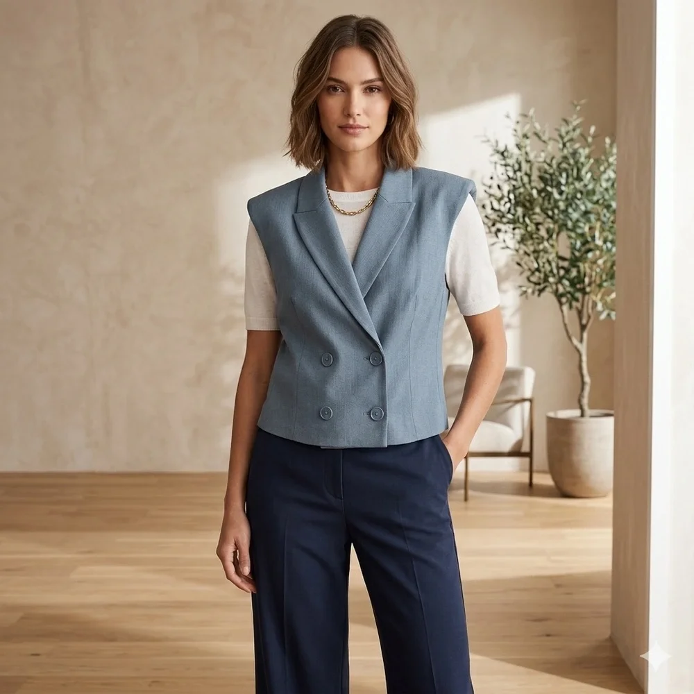 NWT Express Women‎ tailored Shoulder  Pad Sleeveless Vest Dusty Blue Size L